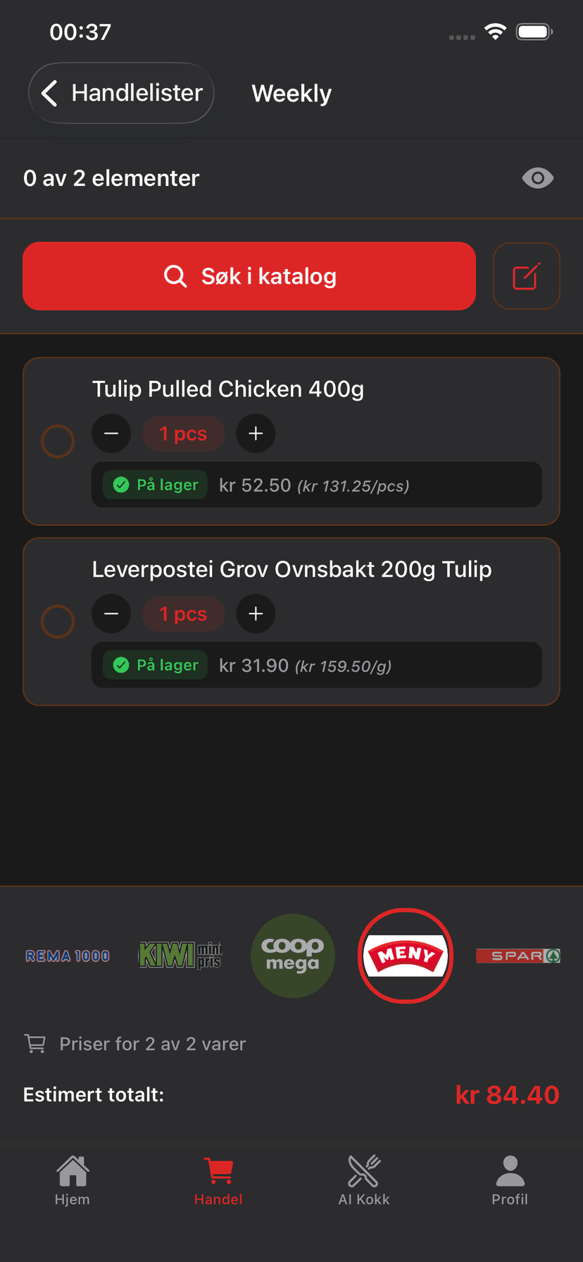 Se middag og handleliste